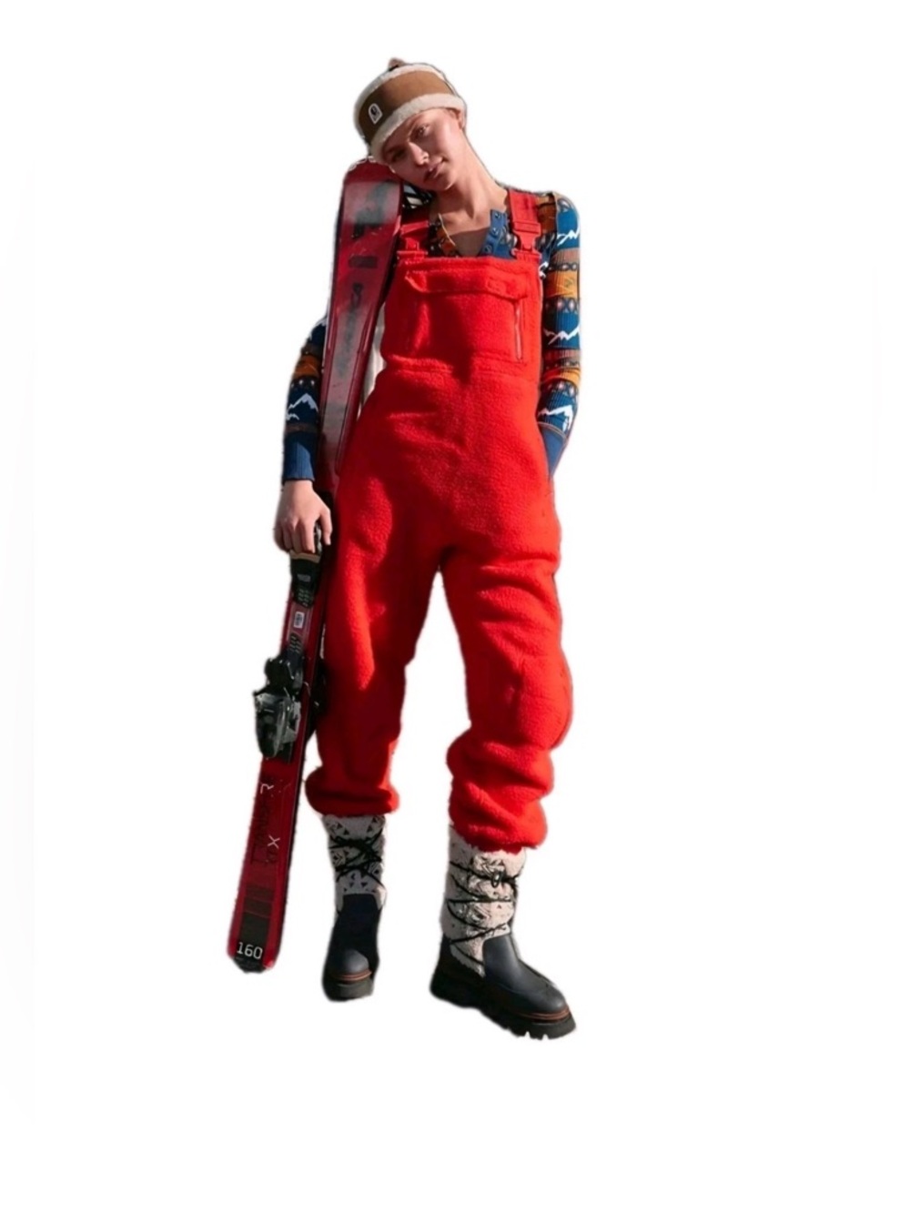 FP Movement Free People Hit The Slopes Womens  Red Fleece Bib Overalls size m